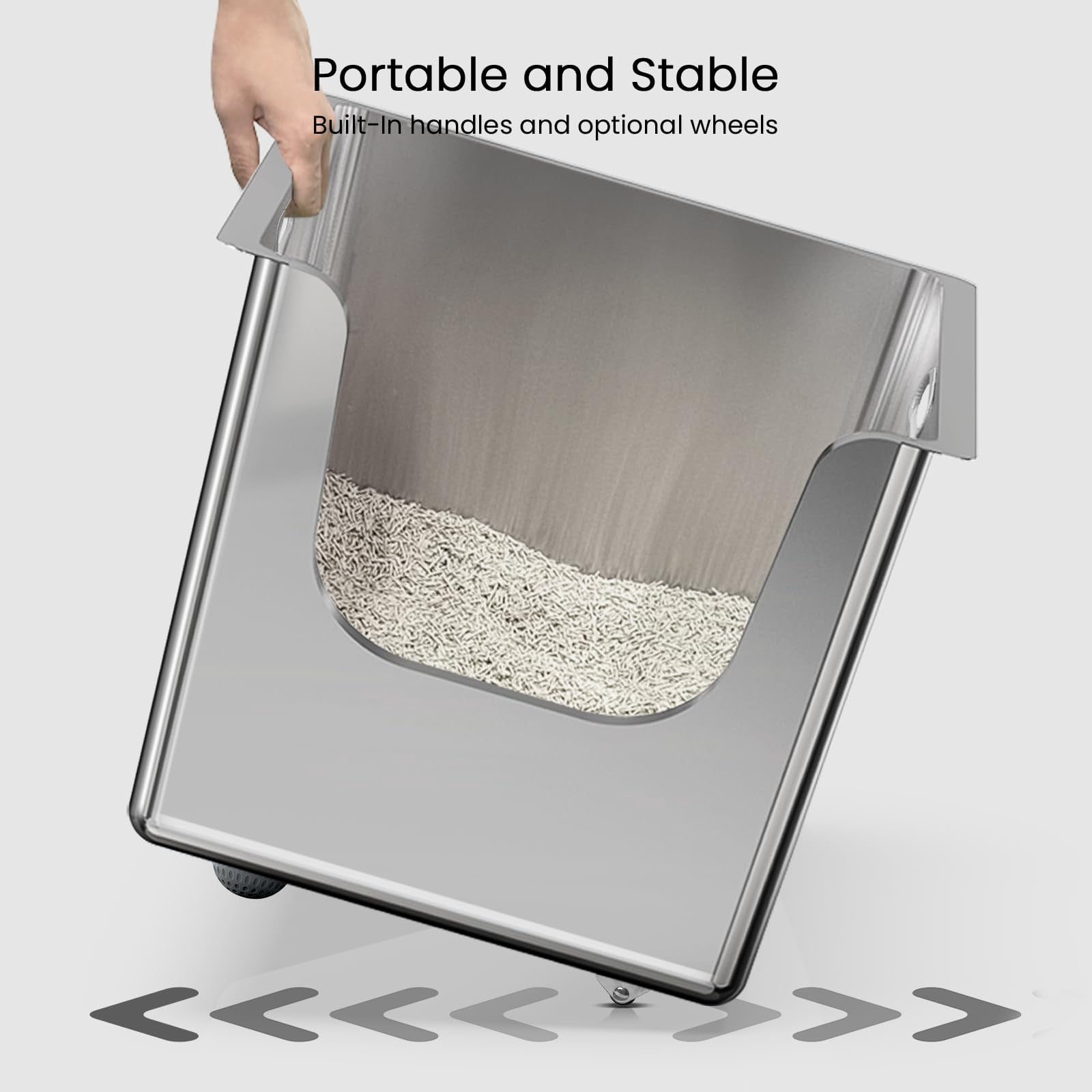 Stainless Steel Litter Box 11.8'' High Sides  Xl Metal Cat With Curved Low Entry Pan For Big & Multiple Cats Pet Toliet Handy Wheels Easy Moving