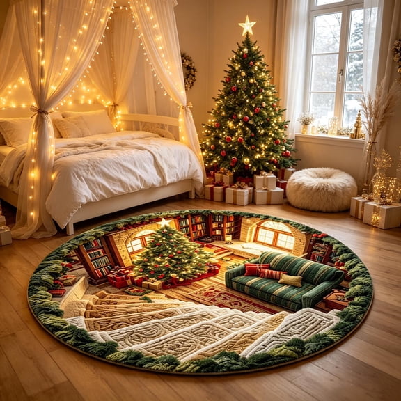 3D Optical Illusion Christmas Round Rug, Non-Slip Washable Carpet with Christmas Tree Living Room Print for Living Room, Bedroom and Entryway Holiday Decor, 19.69 Inch