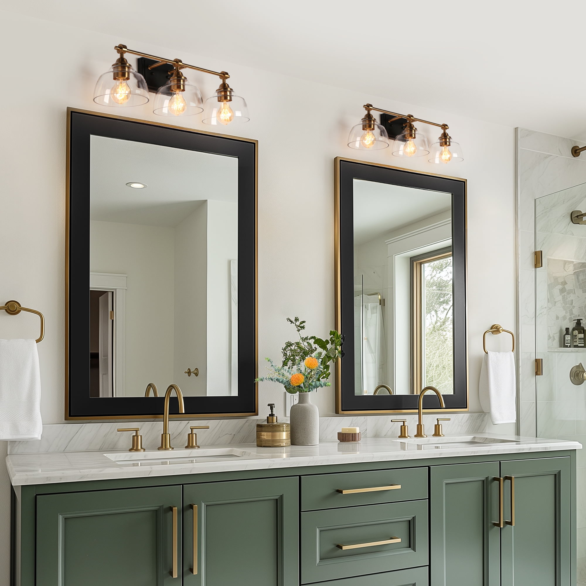 LNC 3-Light Bathroom Vanity Light in Matte Black and Gold with Clear Glass Dome Shades