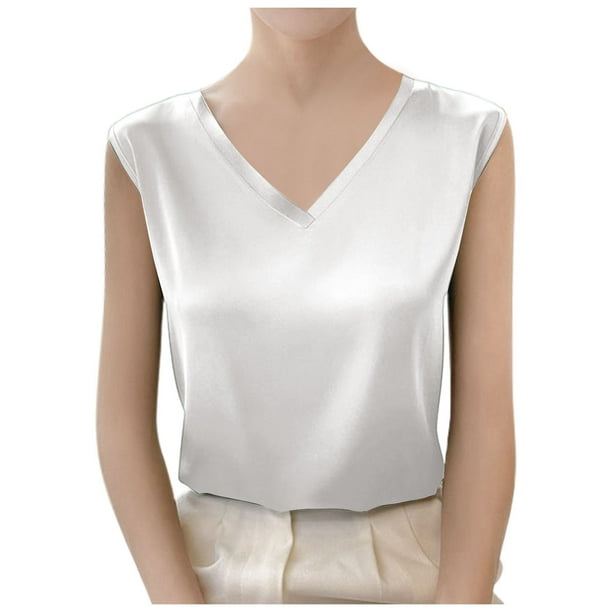 Camiseta sin mangas de seda helada con cuello en V y tirantes anchos para mujer: holgada, transpirable, prenda básica para el verano