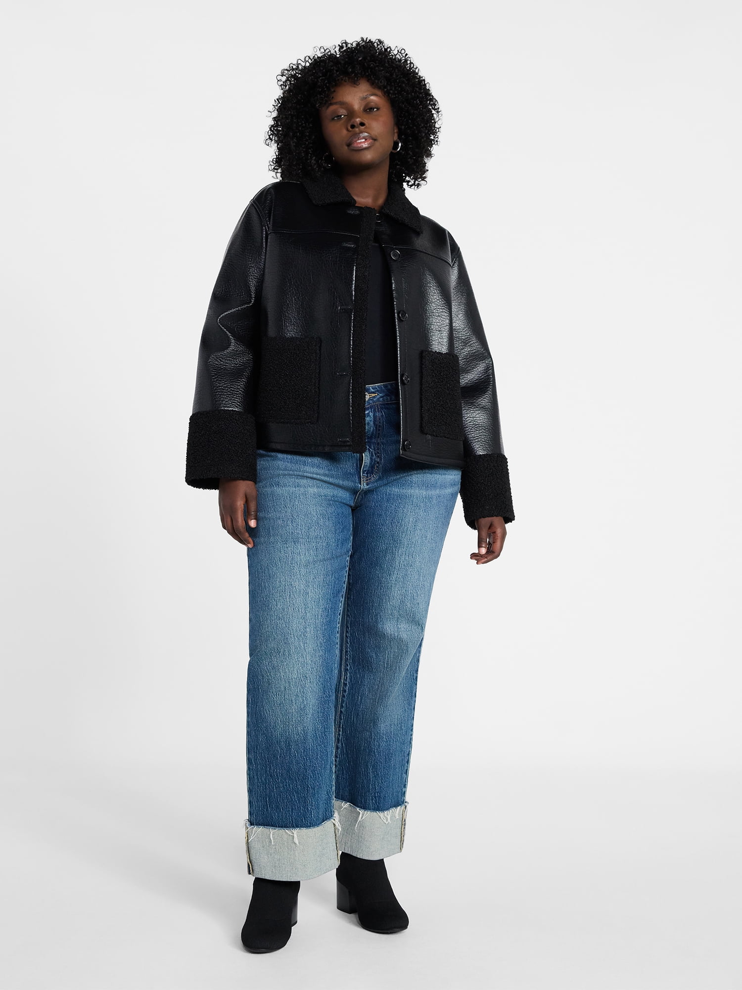 Terra & Sky Women's Plus Faux Shearling Jacket with Long Sleeves, Sizes 0X-5X