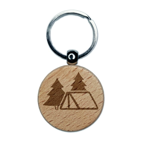 Camping Tent in the Woods Pine Trees Round Keychain Charm Tag - Engraved Wood