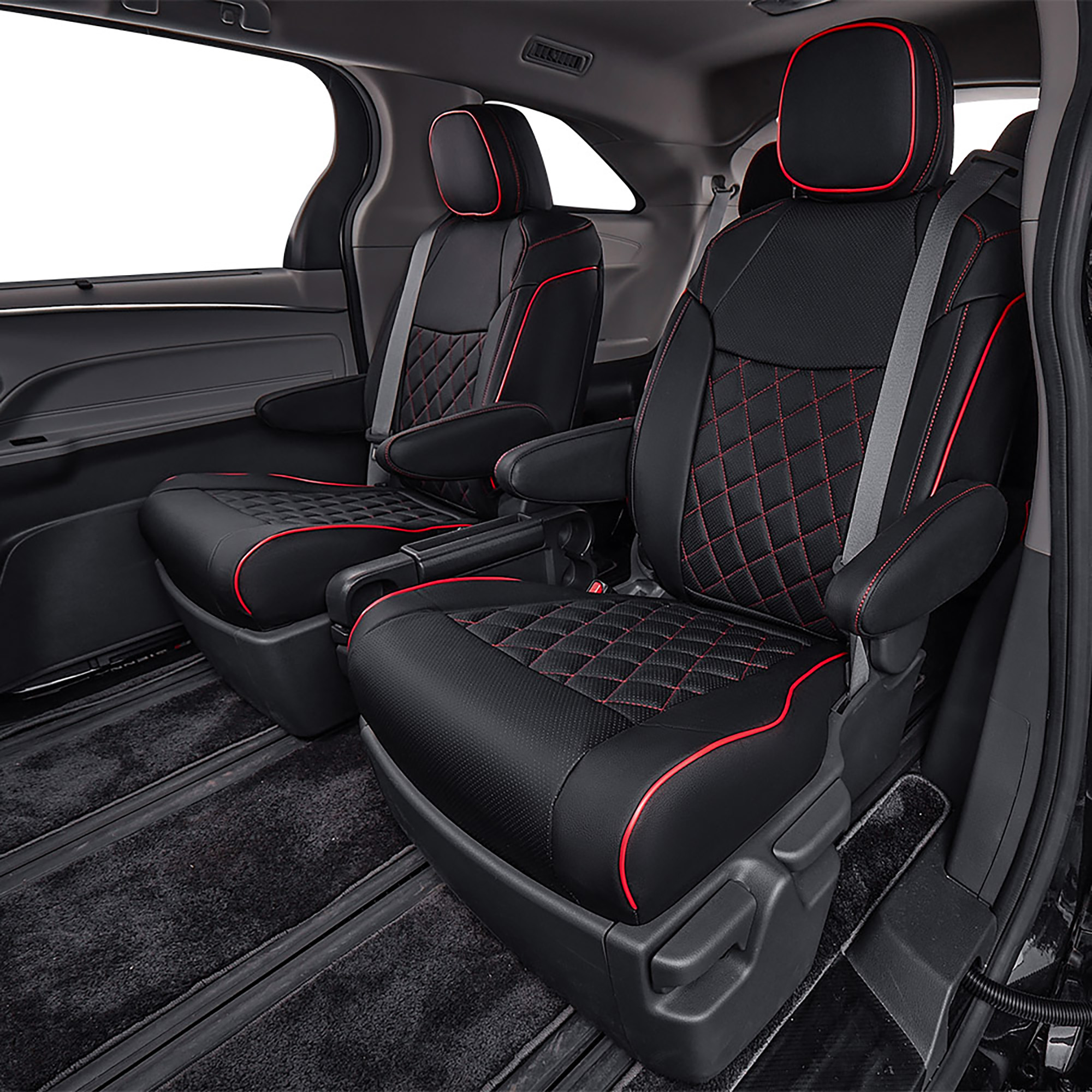 EKR Custom Fit Sienna Car Seat Covers for Toyota Sienna LE  XLE(8 Seats)  2021 2022 2023-Three Row,Full Set Leatherette Auto Seat Covers(Black with  Red Piping)