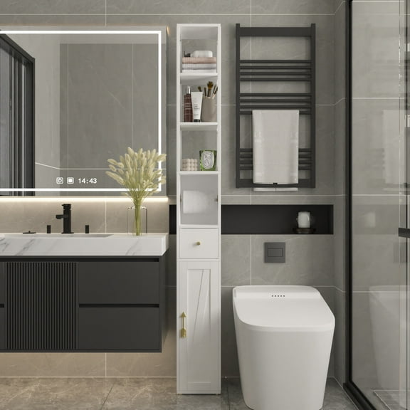 VECELO Tall Bathroom Cabinet, Narrow Slim Storage Cabinet with Toilet Paper Holder for Small Spaces, White