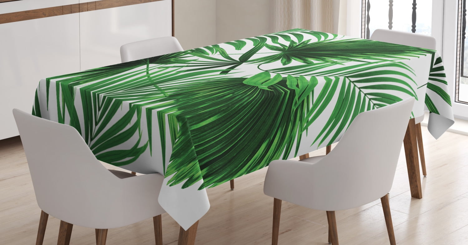 Tropical Palm Tree Leaves Exotic Greens Vinyl Flannel Tablecloth 52 x 90 Oblong 