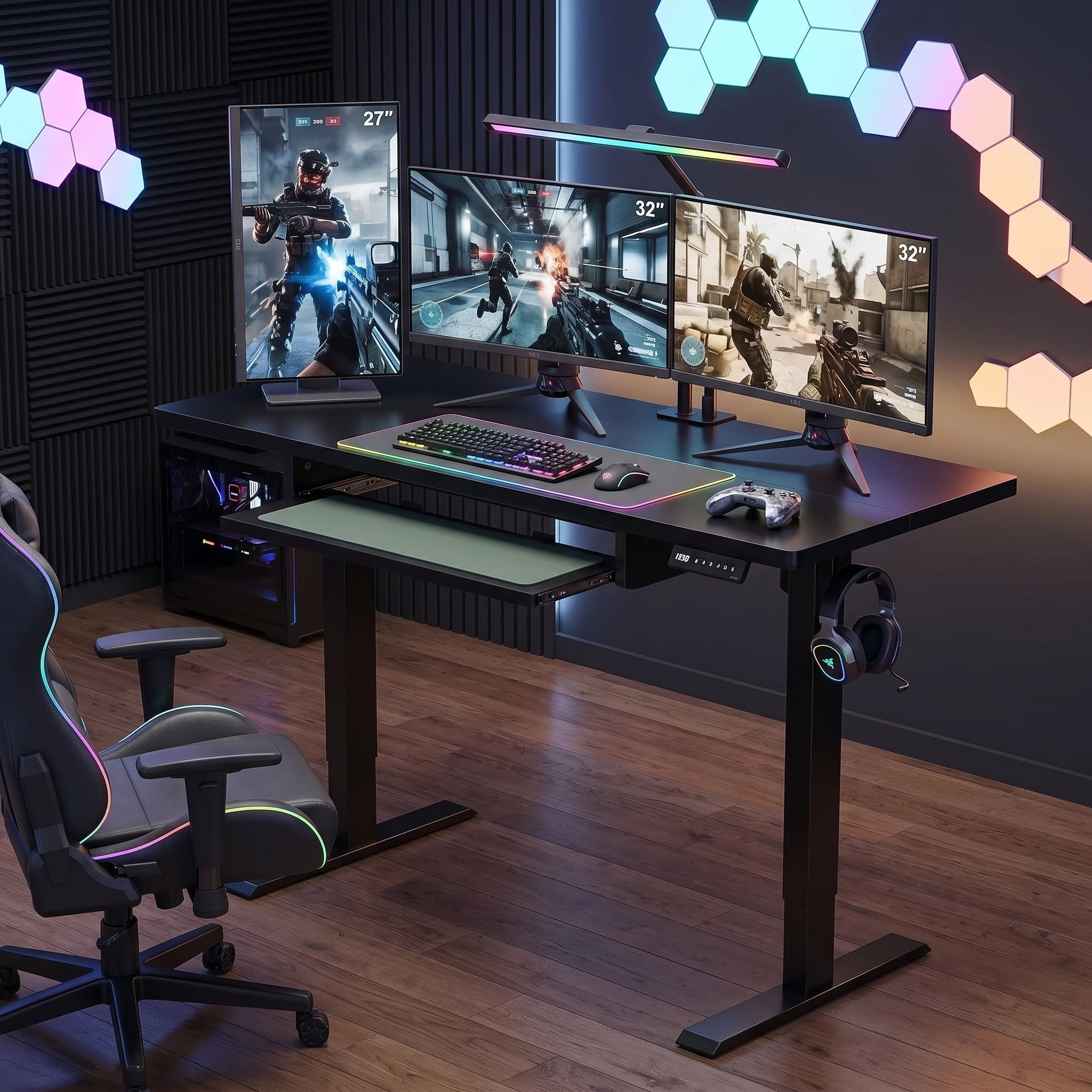 55" x 24" Electric Standing Desk with Keyboard Tray, Height Adjustable Sit Stand up Desk with Headphone Hook & 4 Height Memory Pre-Set for Home Office, Black