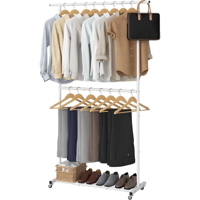 Perchero para ropa de doble barra, percha de ropa enrollable con malla inferior, perchero para colgar ropa, abrigos, faldas, suéteres, blanco