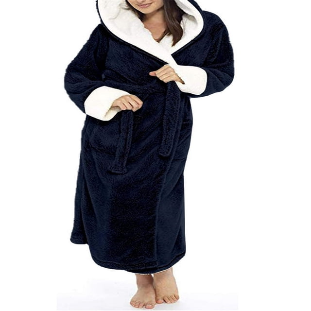 Peignoir Femme en Flanelle Chaud Long Robe Taille Lacée avec Poche pour Automne Hiver