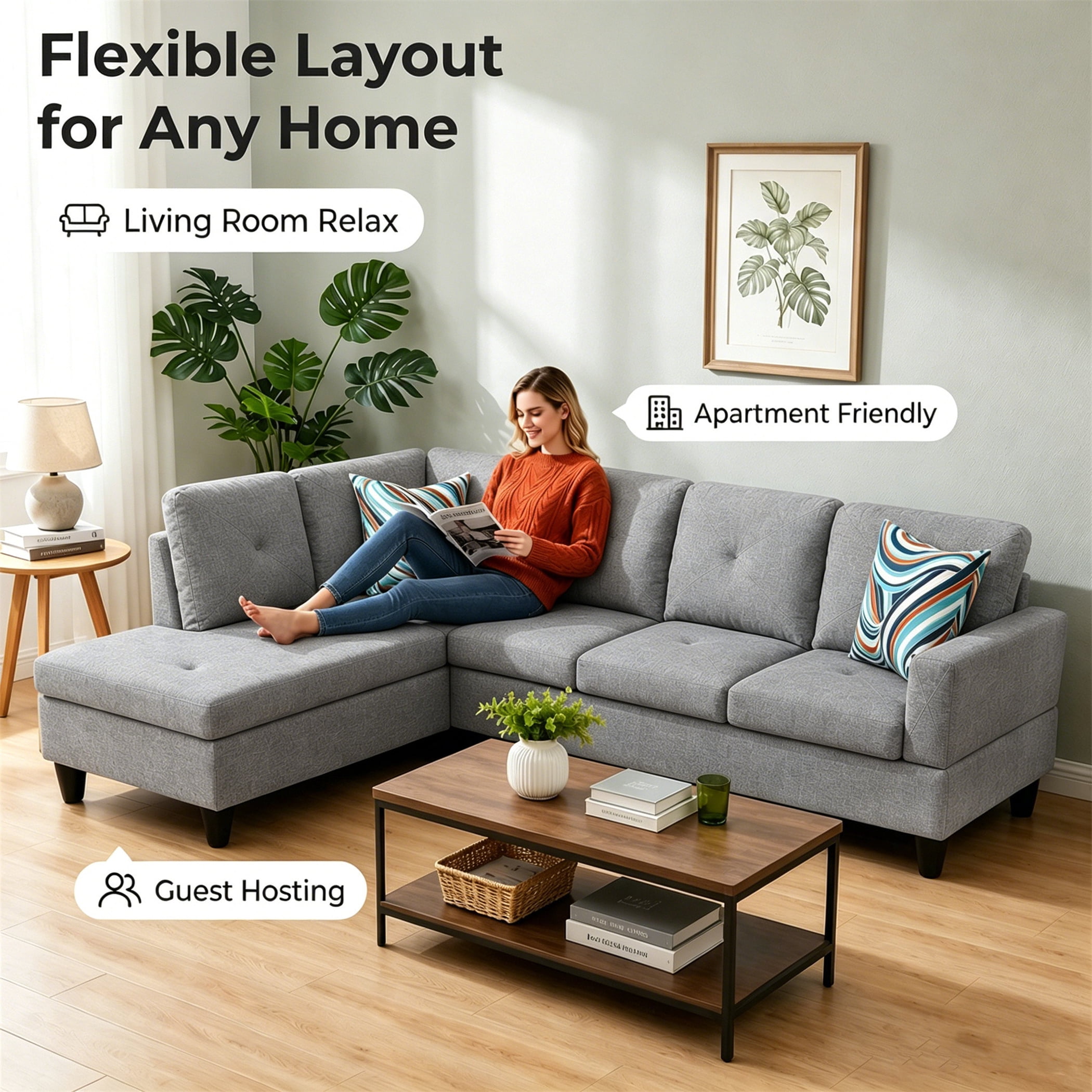 Aukfa 97" Classic Sectional Sofa 4 Seat L shape Couch for Living Room, 2Pillows, Oversized Left Chaise, Linen, Gray