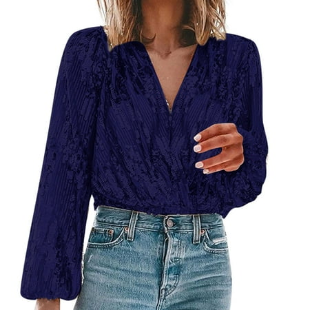 Outfmvch Glitter Top Mesh Long Sleeve Tops for Women Shirts for Women V Neck Long Sleeved Fine Glitter Gradient Printed V Neck Top T Shirt 3/4 Length Sleeve Womens Tops Corset Tops for Women Blue 2XL