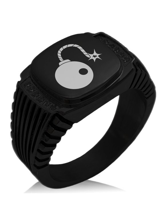 Stainless Steel Pirate Bombardier Icon CZ Ribbed Needle Stripe Pattern Biker Style Polished Ring