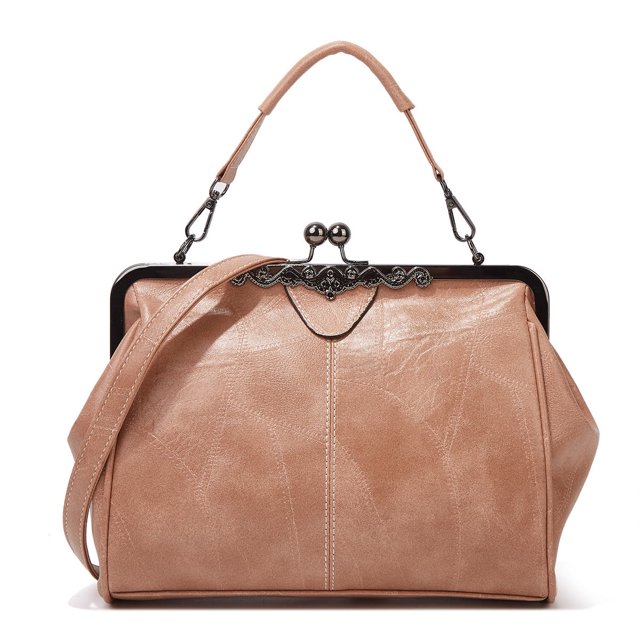 YOPTOP Chic Retro Kiss-Lock Purse - Compact Faux Leather Handbag With Versatile Removable Strap for All Occasions,Apricot,28cmX6cmX22cm