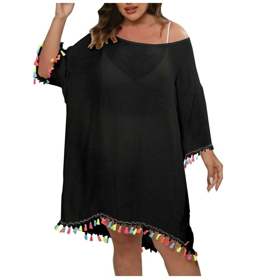 Luxalzxs Plus Size Swimsuit Coverups for Women 3/4 Sleeve Fringe Trim Swimwear Cover Ups Cool Pullover Bathing Suit Cover Up Beach Dress