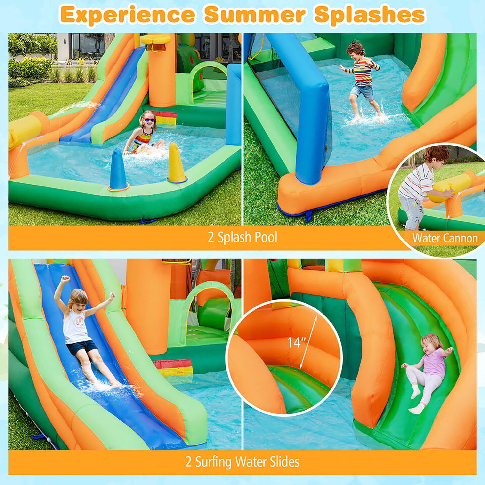 Gymax Kids Inflatable Water Slide Park w/735W Blower Basketball Rim Wet Dry Combo