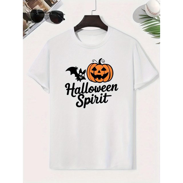Halloween T-shirt - "Halloween Spirit" Design with Jack-O'-Lantern & Bats, Casual Lightweight Short Sleeve Top for Summer, Halloween Apparel | Playful Design | Comfortable Fit, Hallowee