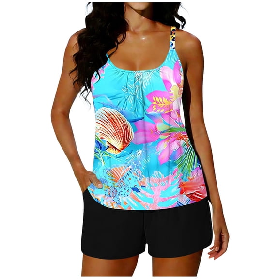 qucoqpe Tankini Swimsuits for Women Fashion Floral Print Tummy Control Two-Piece Modest Bathing Suits Beach Blouson Swimwear & Boyshorts with Pockets