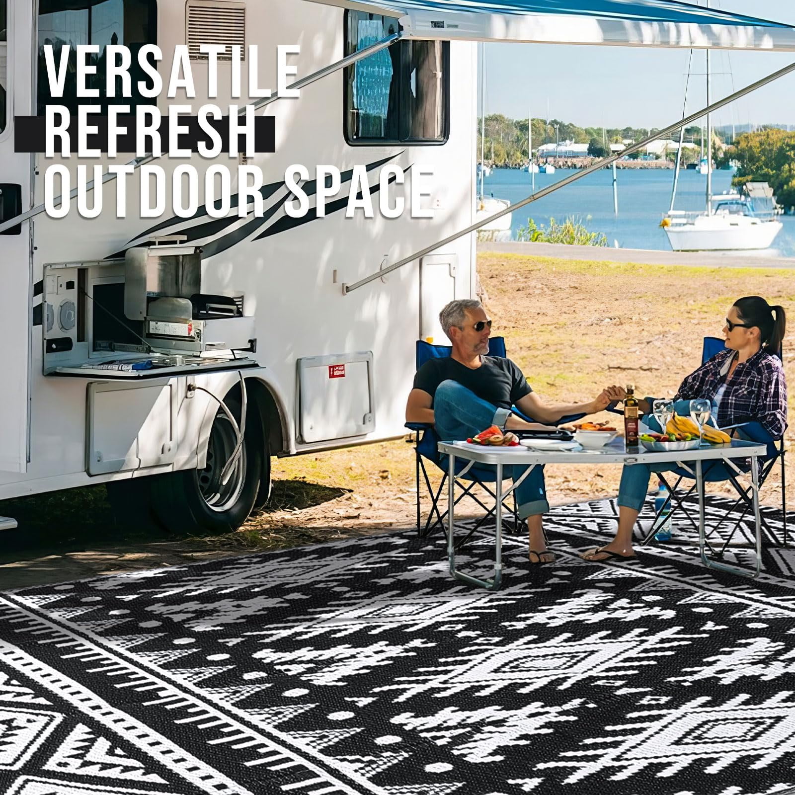 Smiry Outdoor Rugs 8'X10', Waterproof Plastic Outdoor Mat, Reversible Outdoor Carpet for Patio, RV Camping, Porch, Black & White