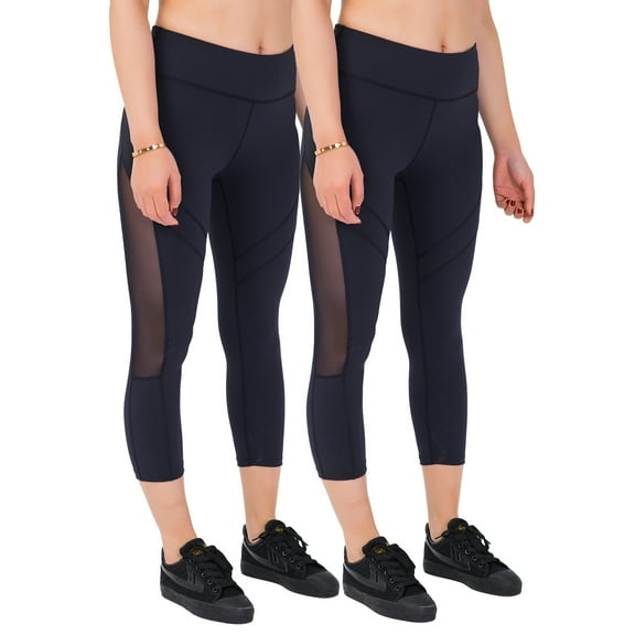 SPECIAL MAGIC Women's Mid Waist Side Mesh Dry Fit Workout Capri Leggings with Inner Pocket,2-Pack Black