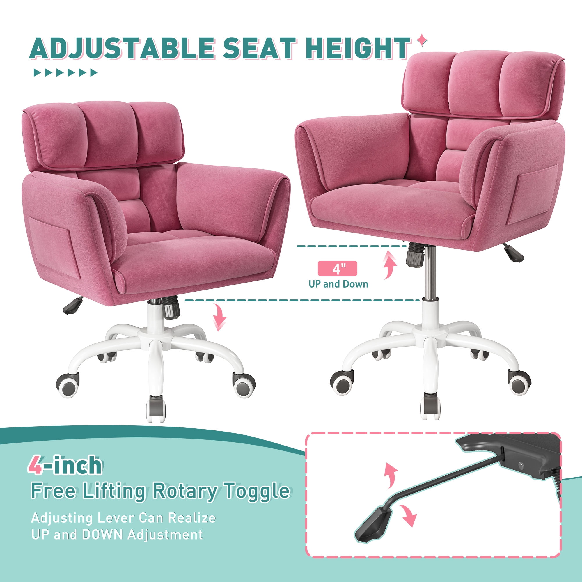 Romorgniz Adjustable Office Chair with Wheels, Soft-Touch Upholstered Desk Chair with Side Pockets, Ergonomic Vanity Chair for Bedroom, Home Office, Pink