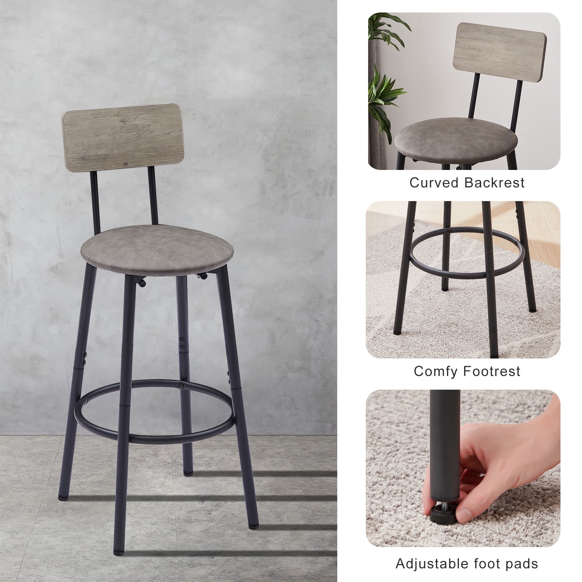 3 Pcs Bar Dining Table Set, Minimalist Style Bar Table With 2 Bar Stools PU Soft seat with Backrest Footrest for Dining Room, Kitchen,Grey,43.31"L x 15.75"W x 35.43"H