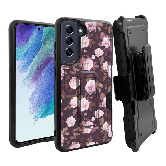 ANJ  Rugged Dual Layer Hybrid Holster Kickstand Case w/ Card Slot   Tempered Glass Cover for Samsung Galaxy S21 FE 5G - Classic Roses