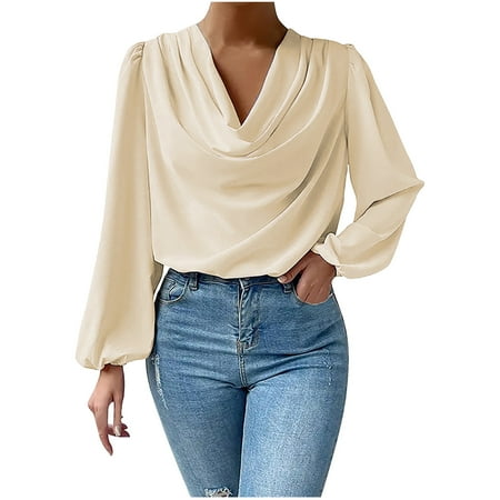 Women s Chiffon Tops Long Sleeve Draped Collar Cowl Neck Solid Color Shirts Casual Loose Work Office Blouses(X-Large Yellow)