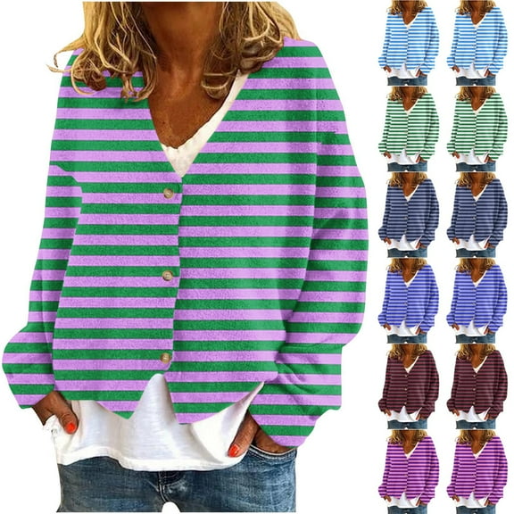 Hvyesh Womens Striped Cardigan Casual V Neck Long Sleeve Knitting Coat Open Front Button Down Fall Sweaters
