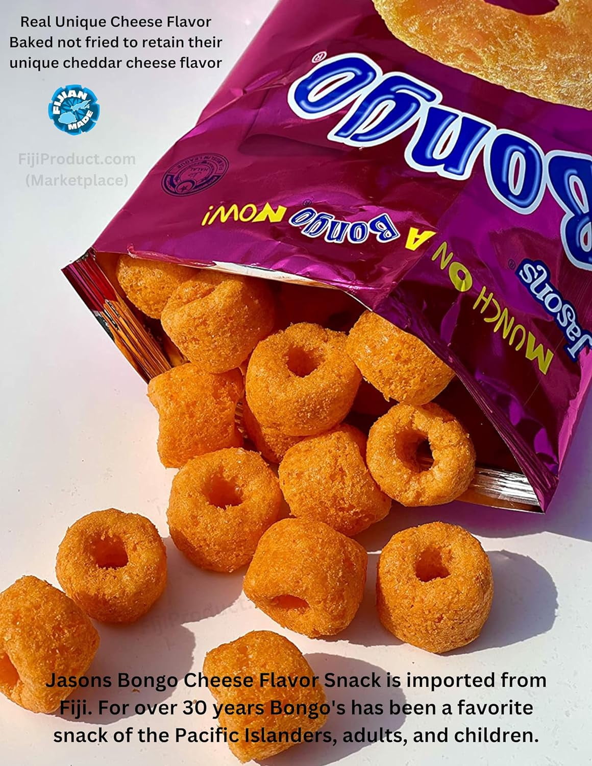 FIJI - Bongo Cheese Flavor Snacks (Case Pack Of 48 x 28g Ea) Real Unique Cheese Flavor, Munch ON Now! BOX - BUY