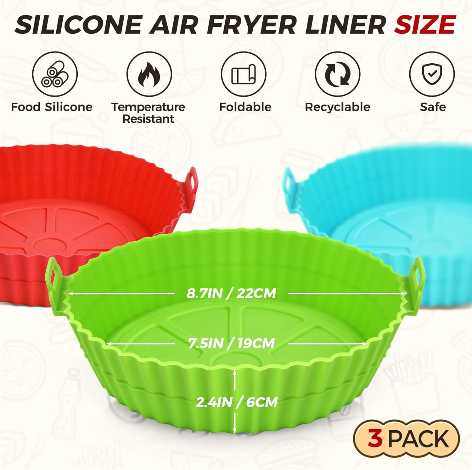 JJEAN-3 Pack Air Fryer Silicone Liners for 5 QT or Bigger, Reusable Food Grade Silicone Airfryer Liners Pot Baking Basket Accessories Replacement of Flammable Disposable Parchment Paper Top 8.7 inch