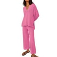 thumbnail image 1 of DDAPJ pyju 2 Piece Fall Outfits for Women 2023 Trendy,Waffle Knit Pajama Sets Long Sleeve Side Slit Button Blouse and Wide Leg Pants Matching Lounge Set Loose Comfy Loungewear, 1 of 5