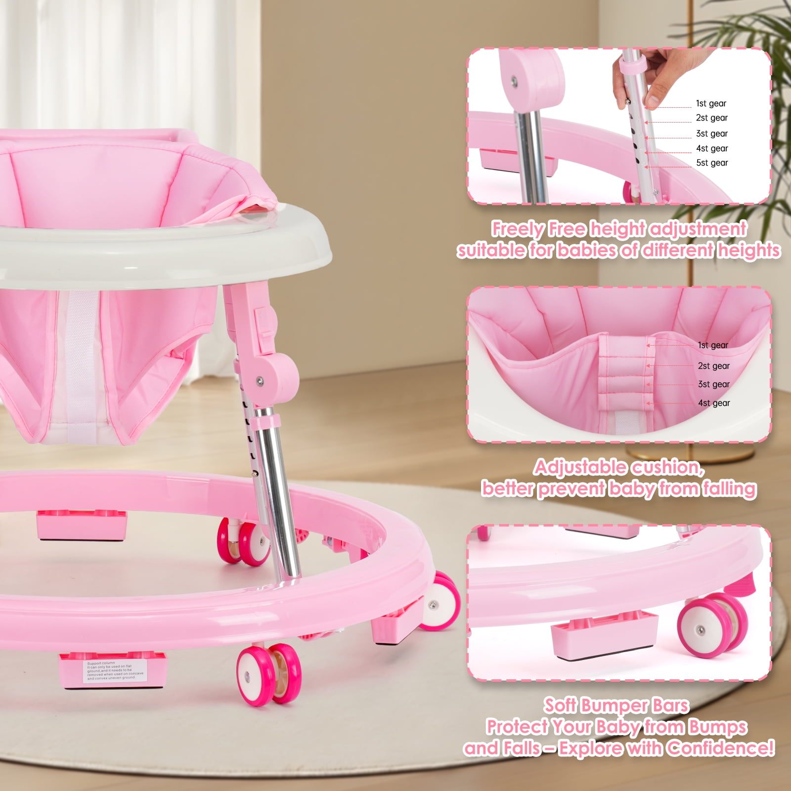 Baby Walker for 6-18 Months - One-Touch Foldable Design, 9 Adjustable Heights, Non-Slip Wheels with Removable Activity Tray, pink