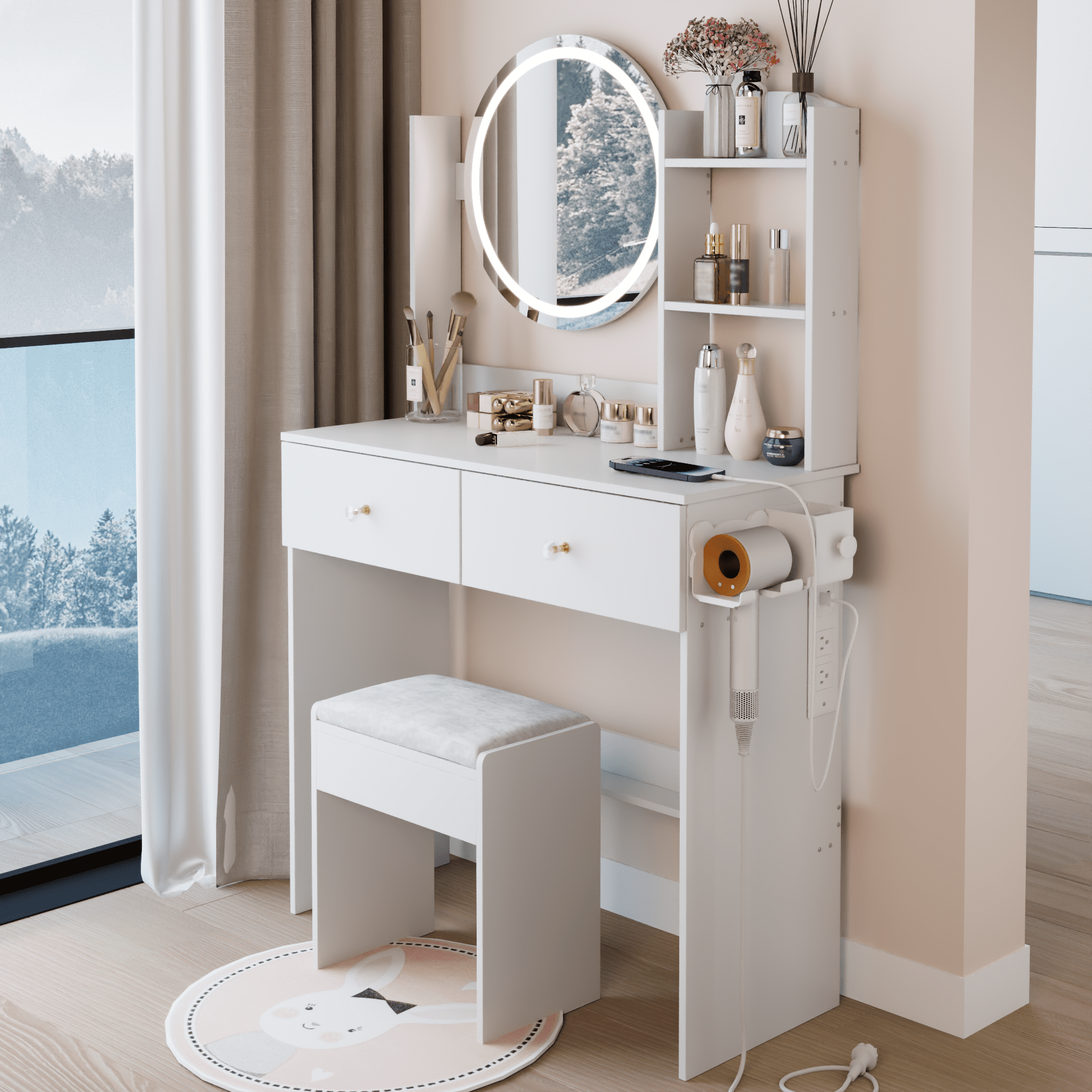 Leumius Makeup Vanity Desk with Mirror and Lights,Dressing Table with 2 Drawers,3 Color Lighting Brightness,Power Outlet & Hairdryer Holder,Spacious Drawer Makeup Table for Bedroom,White