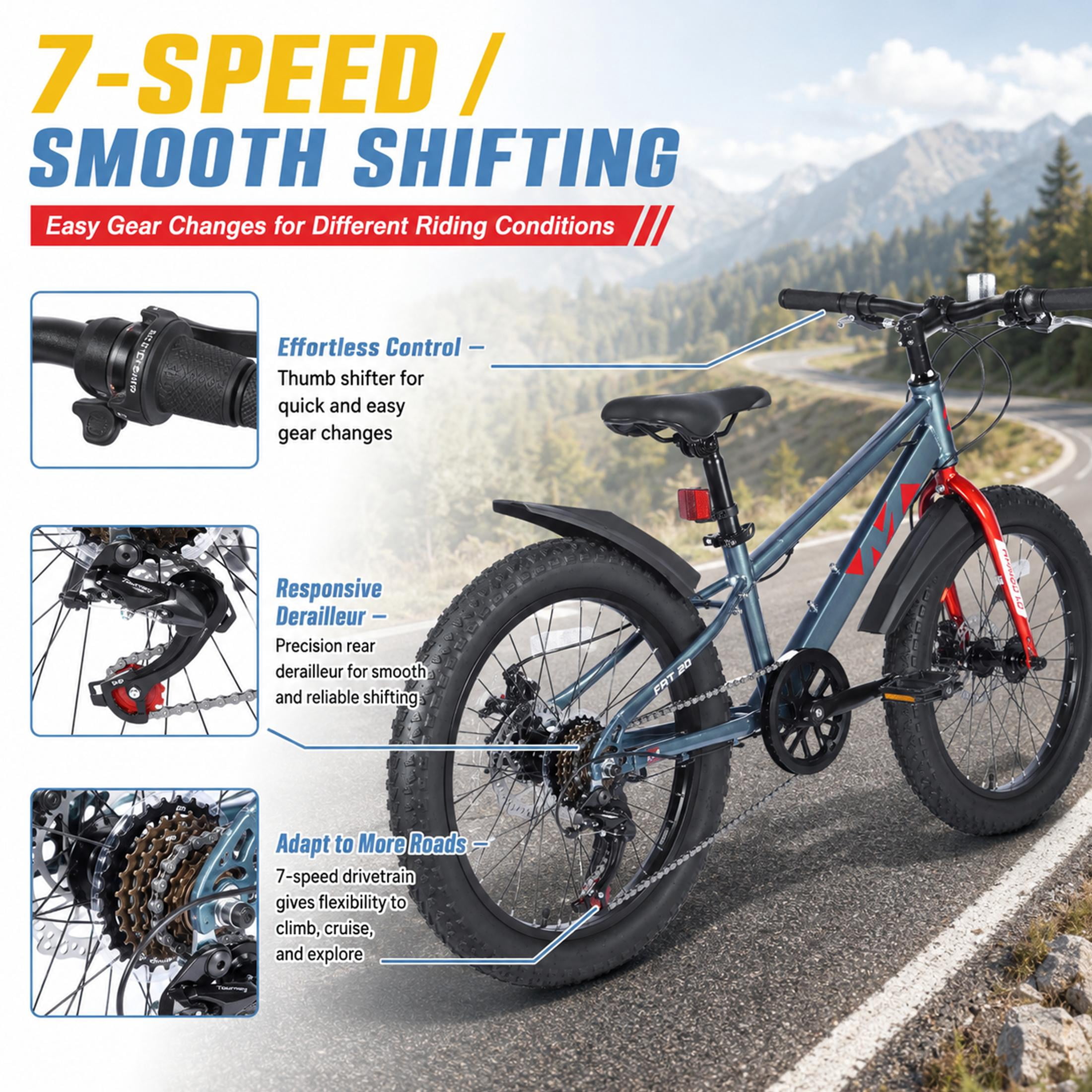 20 Inch Fat Tire Mountain Bike for Boys and Girls Ages 5-12, 7-Speed Kids Bicycle with High-Strength Steel Frame, Dual Disc Brakes and Suspension Fork for All-Terrain Riding, Grey