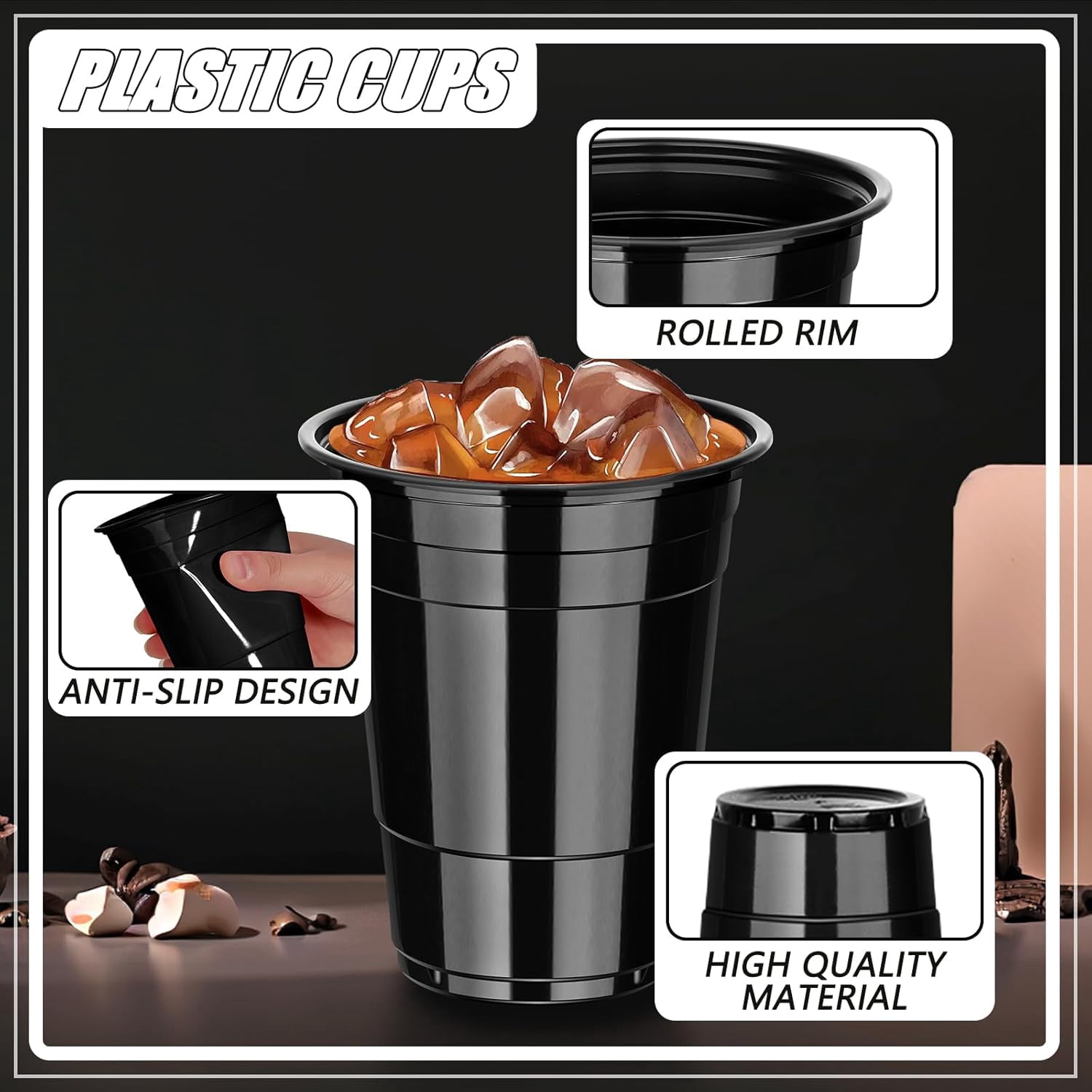 100 Pack Black Plastic Cups 16 oz Disposable for Party Heavy Duty Drinking Halloween Cup Wedding Birthday Beer Taste Serving Snack Sample Tastings Barbecues Picnic