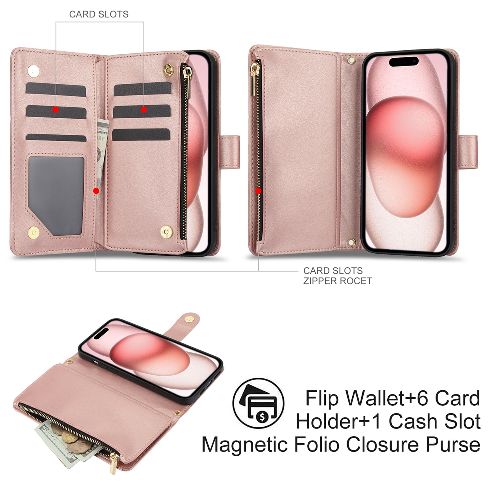 Phone Case for Apple iPhone 13, Premium iPhone 13 Case with Wallet, Card Holder, Coin Zipper Pocket Shockproof Flip Cover Stand with Wrist Strap & Detachable Shoulder Strap,Rosegold