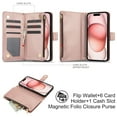 thumbnail image 4 of Phone Case for Apple iPhone 15 Plus, Premium iPhone 15 Plus Case with Wallet, Card Holder, Coin Zipper Pocket Shockproof Flip Cover Stand with Wrist Strap & Detachable Shoulder Strap,Rosegold, 4 of 11
