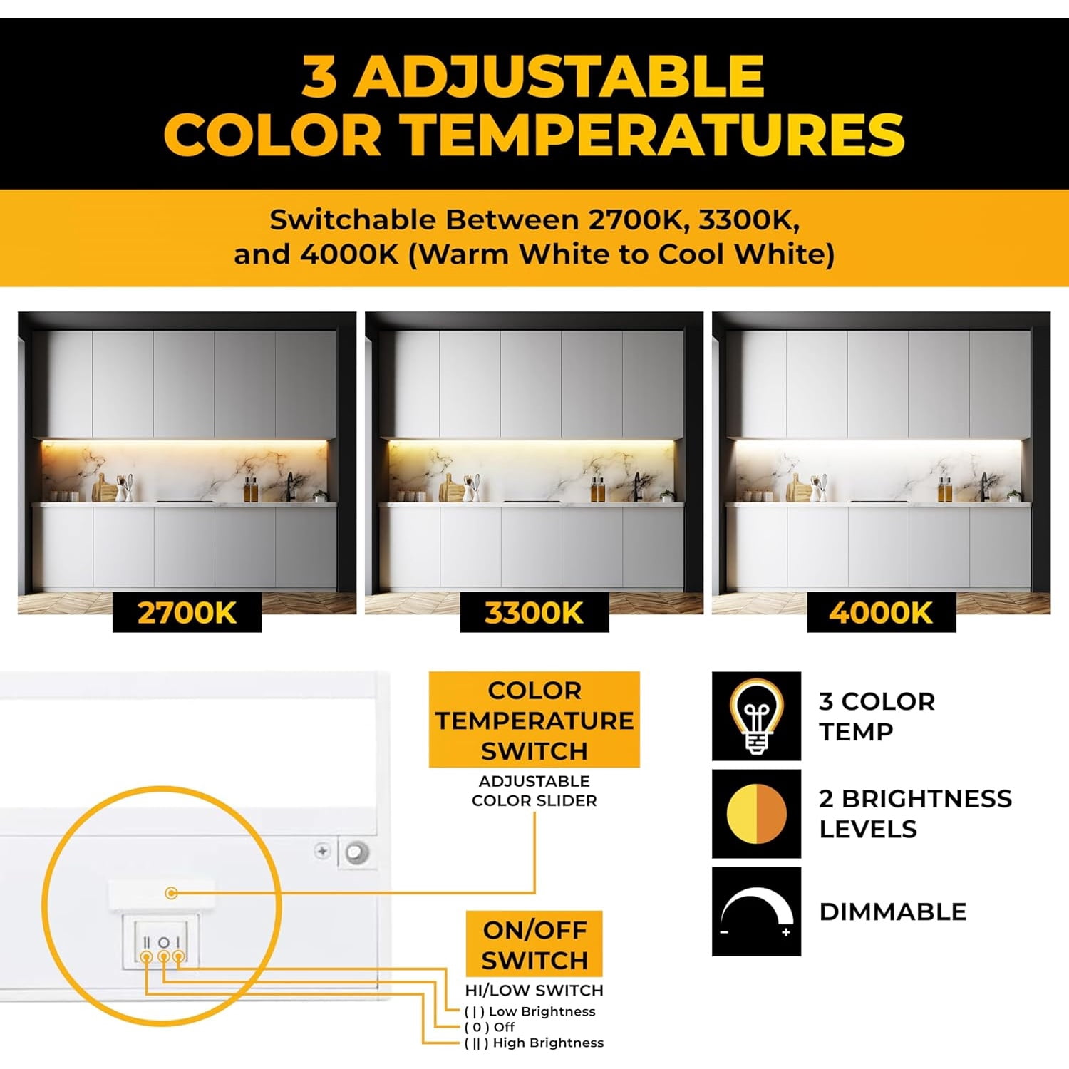 LED Under Cabinet Lighting Hardwired - 3CCT 18 Inch White Finish - Undercabinet Lights for Kitchen - Linkable Undercounter Dimmable Plug in Light or Hard Wired - Under Counter Fixture Direct Wire