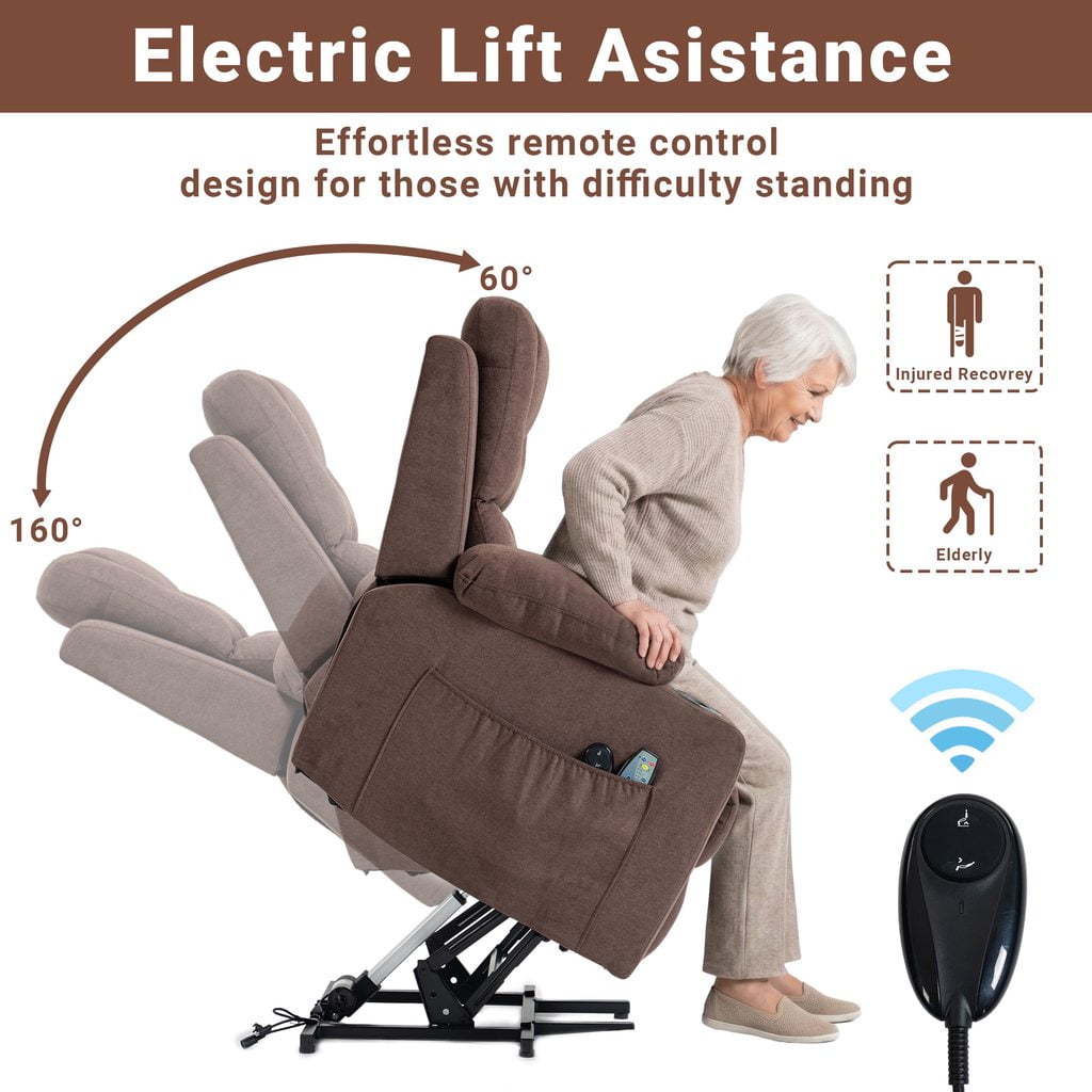 HSUNNS Power Lift Recliner Chair for Elderly, Oversized Lift Chair with Heat & Massage, 350 lb Capacity Electric Recliner with 160° Infinite Position, Side Pocket for Living Room, Brown