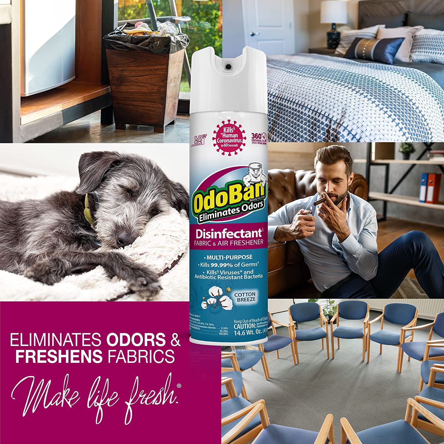 OdoBan Ready-to-Use 360-Degree Continuous Spray Disinfectant Cleaner and Odor Eliminator, Fabric and Air Freshener, 4 Pack, 14.6 Ounces Each, Cotton Breeze Scent