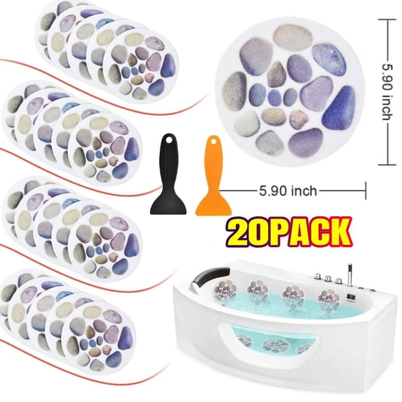 Non Slip Bathtub Stickers, 20-Pack Large Cobblestone Adhesive Anti Slip Decal Treads for Shower and Bath Tub with Premium Scraper
