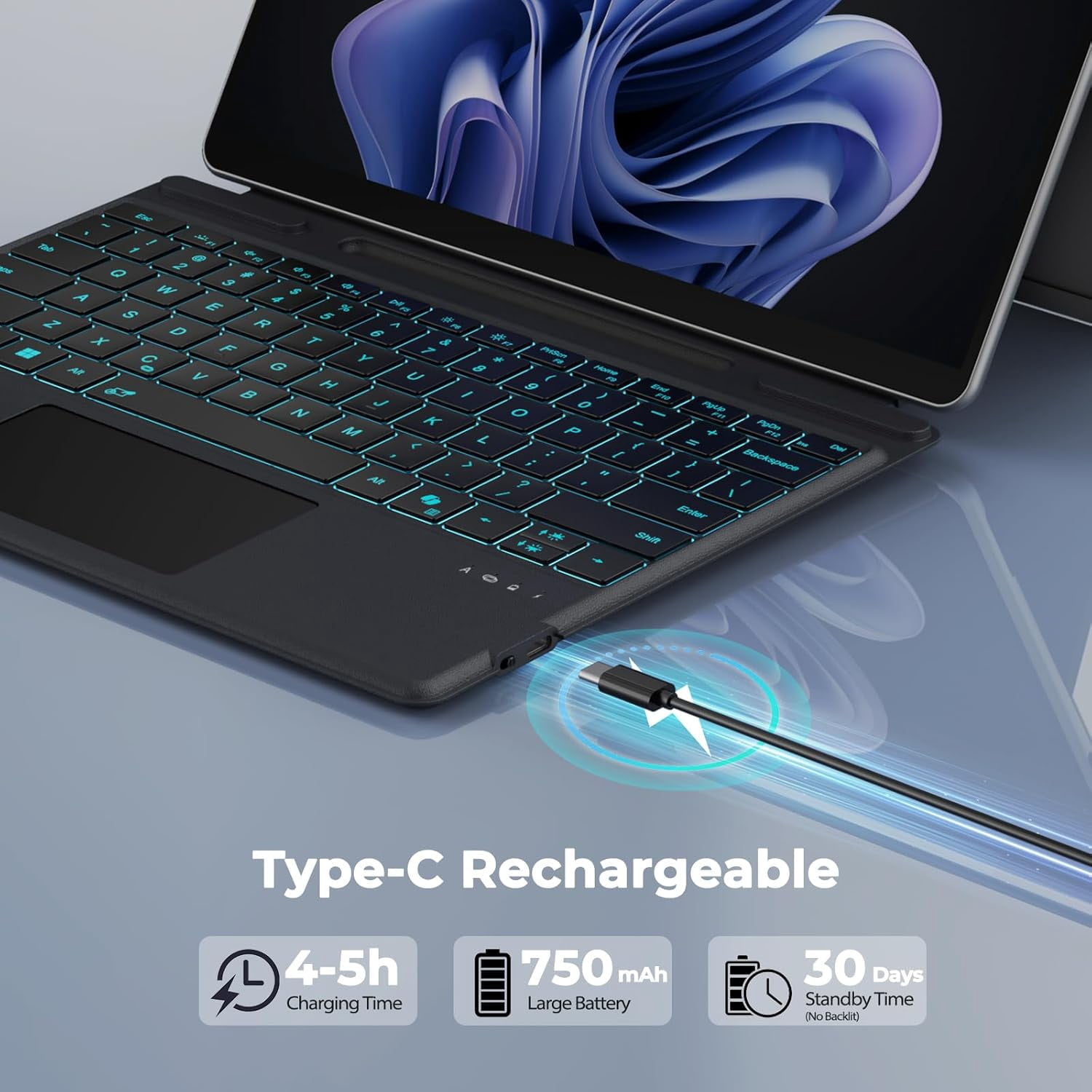 Meetion Surface Pro Keyboard, 7-Color Backlit, Detachable Bluetooth, Trackpad & Pen Slot, Rechargeable