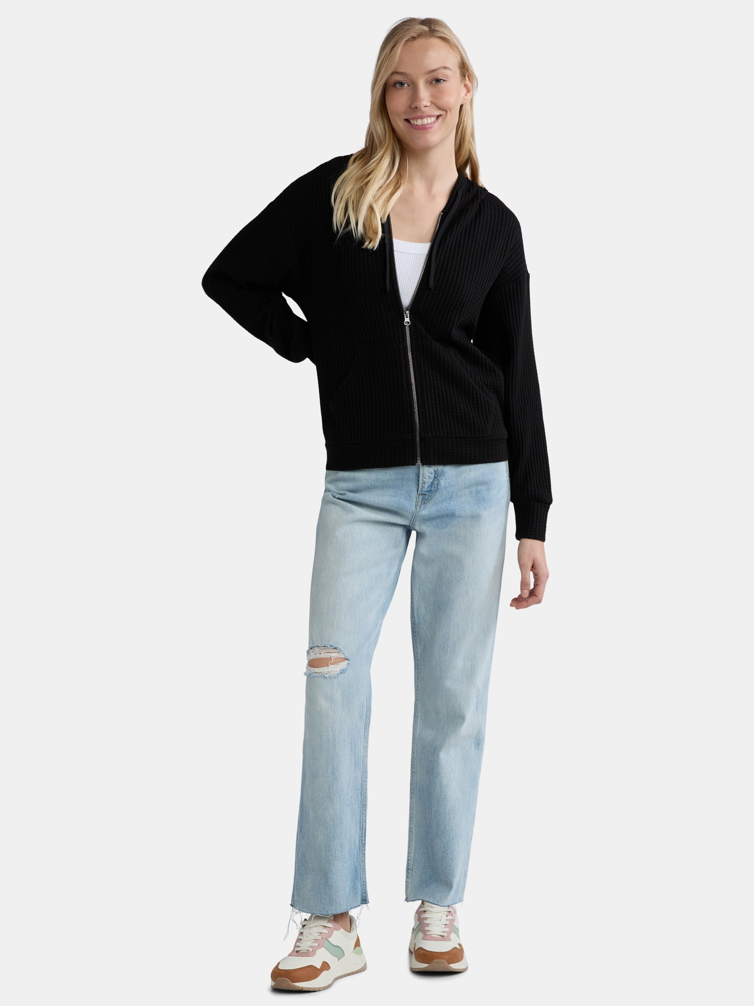 Time and Tru Women's Waffle Full Zip Hoodie with Long Sleeves, Sizes S-XXXL