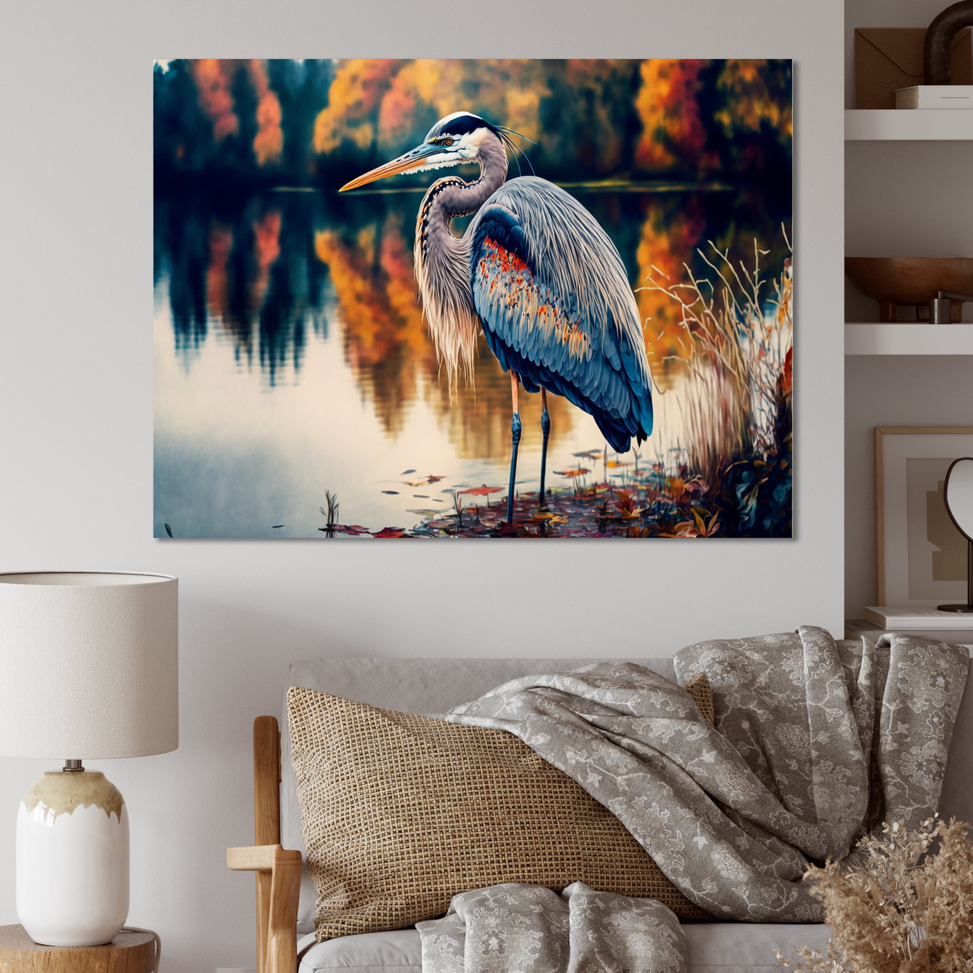 Designart Vibrant Heron In A Lake Floral Art III Canvas Wall Art