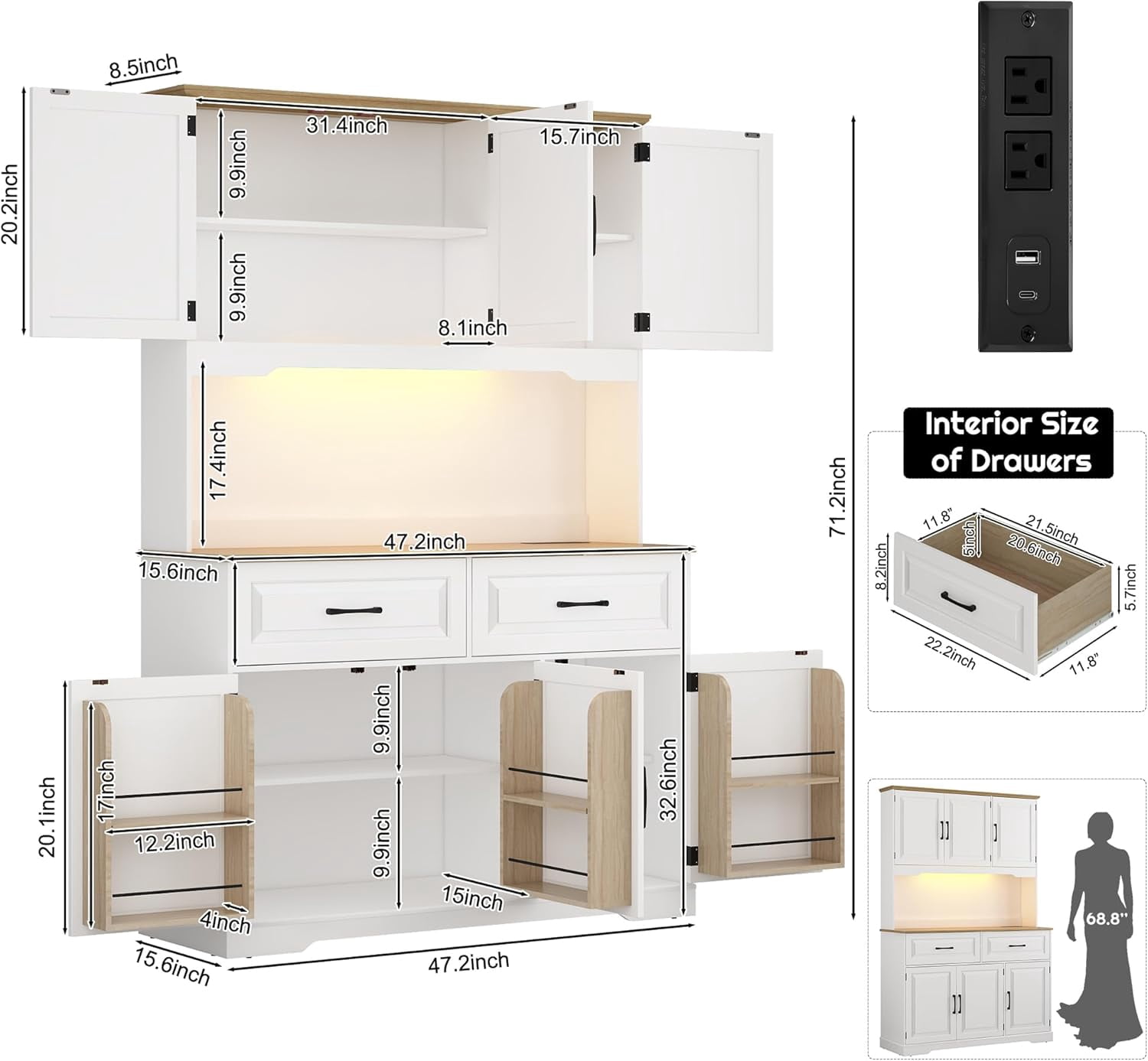71" Tall Kitchen Pantry Cabinet with 6 Doors Shelves & Led Lights & Charge Station, 47" Wide Freestanding Farmhouse Cupboard with 2 Drawer,6 Doors Storage,Adjustable Shelves,Open Countertop, White
