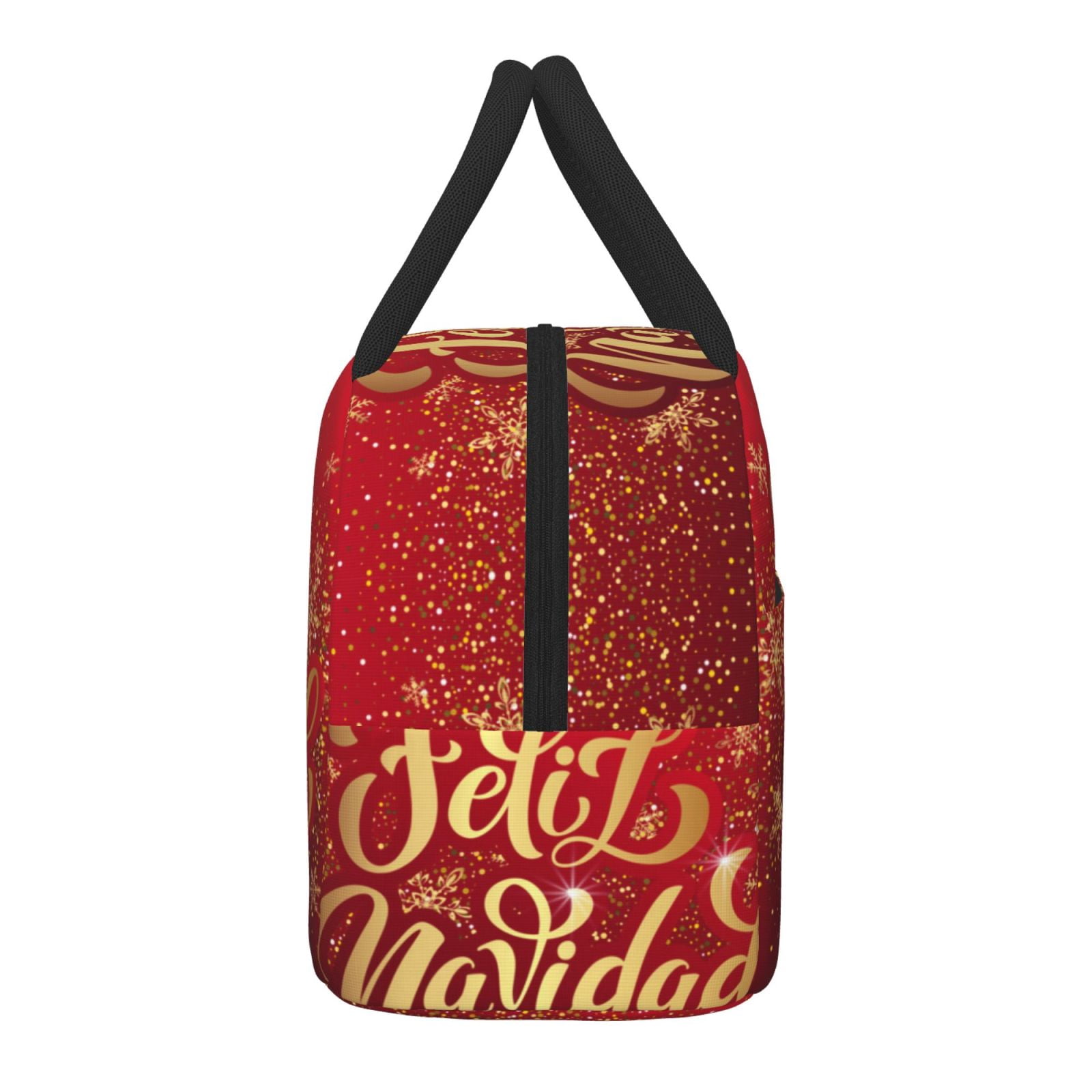 Horeoi Merry Christmas Pattern Large Insulated Lunch Bag for Work, School, Picnic - Waterproof, Durable Oxford Cloth, Comfortable Handle-Black