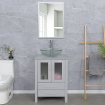 Eclife 24" Gray Bathroom Vanity Set with Wood Top, Clear Glass Sink, Water Saving Faucet, Pop up Drain Combo