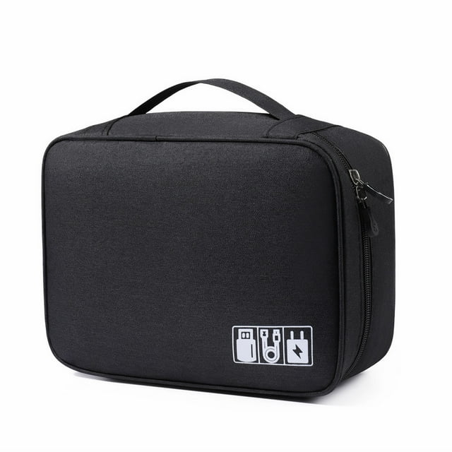 Roche Limit Travel Organizer Bag, Electronic Case Waterproof with Adjustable Divider&Removable Baffle, Double Layers All-in Storage Bag for Power Bank, Charger, Earphone, Cosmetic Black
