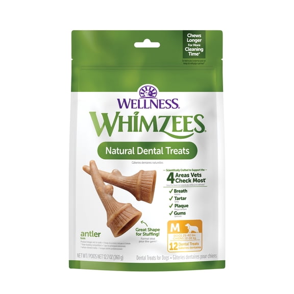 Wellness WHIMZEES Antler Occupy Natural Dog Dental Treat, Chews, Freshens Breath, Medium Size, 12.7 oz Bag, 12 Count