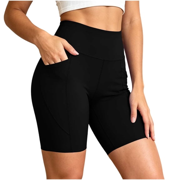 Wensltd Women Biker Shorts Solid Comfortable High Waist Running Shorts Side Pockets Workout Shorts
