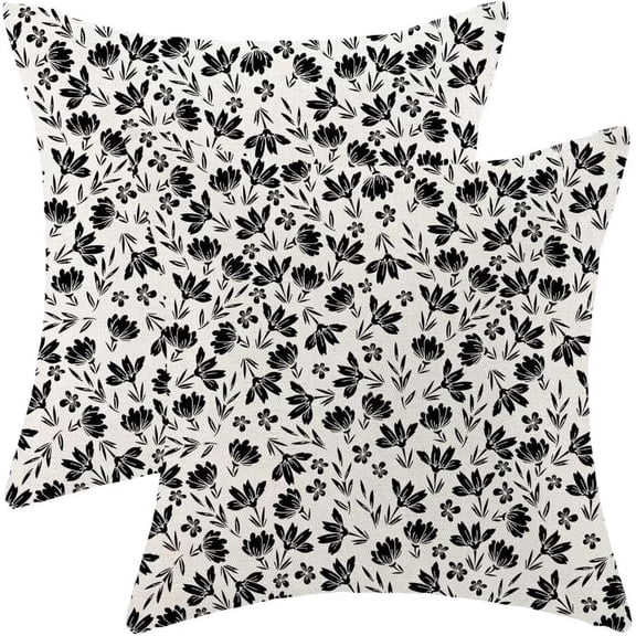 Spring Floral Pillow Covers 18 X 18 Inch Set of 2, Vintage Cute Black Cream Flower Decorative Throw Pillow Covers Rustic Farmhouse Pillowcase Linen Cushion Case for Outdoor Home Sofa Couch